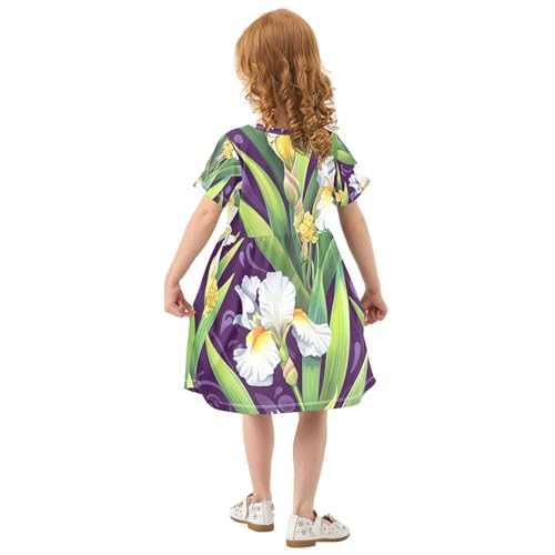 White Iris Flowers Green Leaves Purple Toddler Girls' Dresses Beach Shirt Dress Summer Outfits Children Dress 2t3