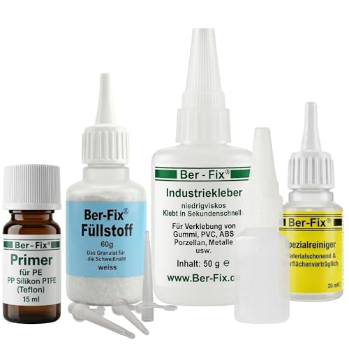 Ber-Fix Schweißnaht-Set L Primer & Füllstoff für Kunststoff, PVC, ABS, GFK, Metall, PE, PP, Silikon 50g Kleber + 60g Granulat, 15ml Primer, 20g Reiniger Inkl. 3 Spitzen