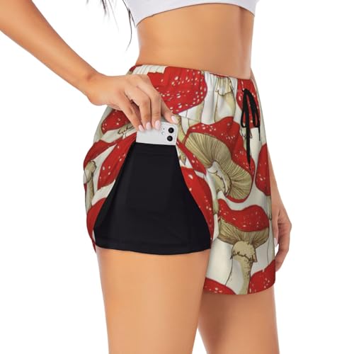 Short de yoga imprimé champignon rouge et blanc double couche pour vos séances en plein air