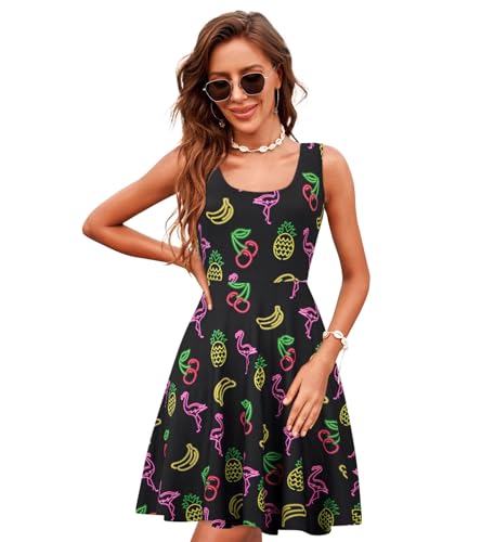 Image of uideazone Women Funny Print Sleeveless U Neck A Line Casual Midi Dress | Soft Stretchy Breathable Fabric Flared Swing Sundress Fitted Waist for Daily Wear 80 /90s Themed Party Beach Vacation Trips