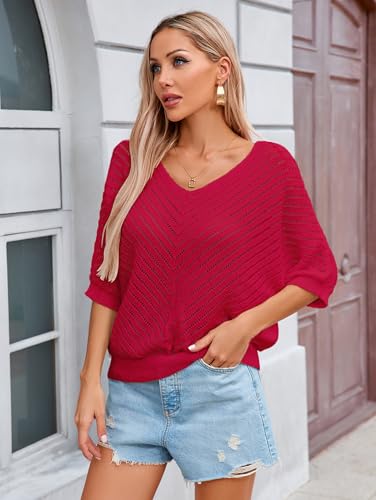 Image of Libsorge Womens Sexy V Neck 3 /4 Sleeve Sweater Spring 2025 Trendy Dressy Casual Outfits Lightweight Crochet Knit Pullover Top