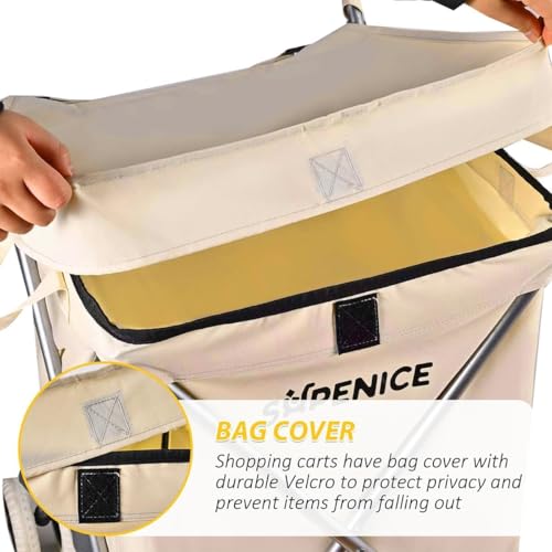Image of Folding Grocery Shopping Cart Rolling Utility Cart with 360 Double Front Swivel Wheels Waterproof Removable Canvas Bag with Cover for Laundry Grocery, Shopping, Baggage, Picnic (Green)
