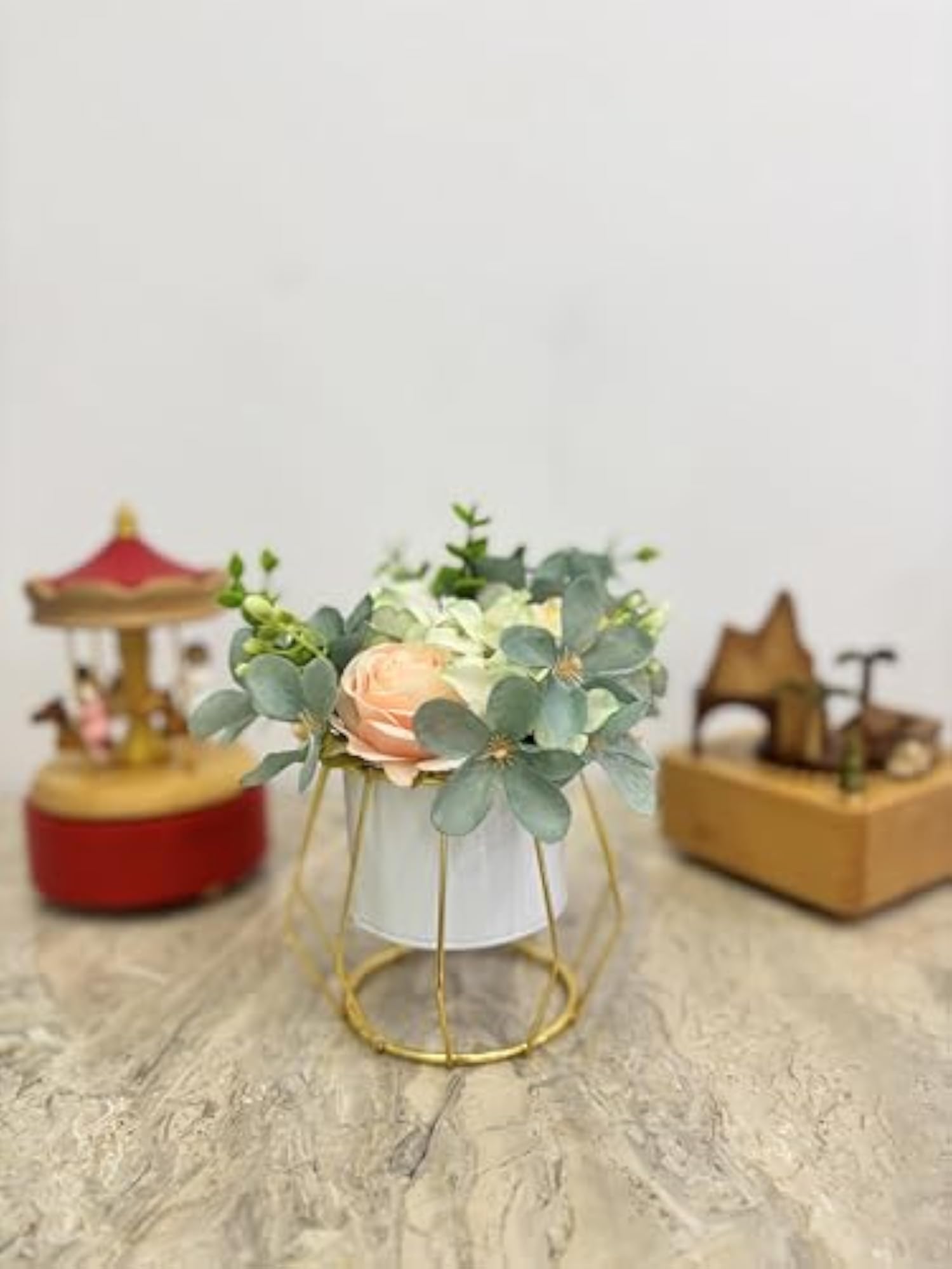 Tabletop Artificial Flowers in Metal Frame Vase