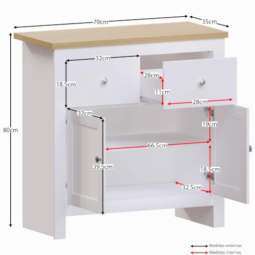 Aparador Arlington de 2 cajones y puertas en blanco y roble para hogar 4