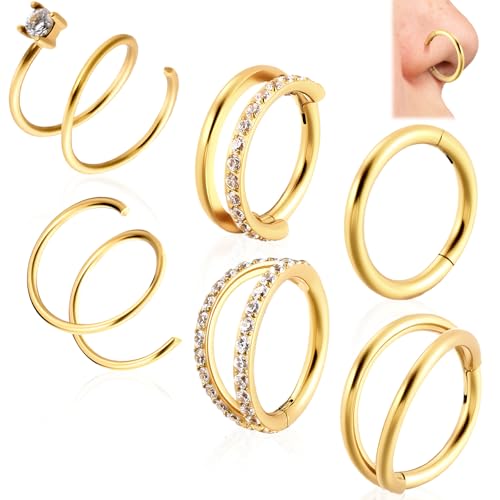 Quelay 6 Pcs Nose Rings Hoops Double Nose Ring Hoop Earrings for Women Single Piercing 16g 18g 20g Hinged CZ Piercing Jewelry Gold-plated Copper Tragus Septum Clicker Spiral Twist 8mm