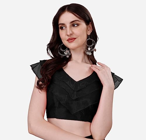 Image of Pujia Mills Women's V Neck Orgenza Three Layer Ruffle Sleeve Frill Readymade Saree Blouse