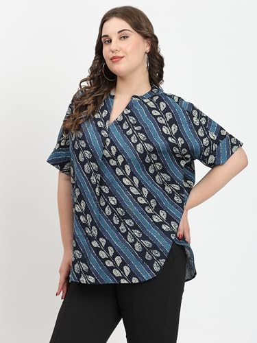 Image of SINDOORI Relaxed Fit Tops for Women Plus Size Solid Printed Mandarin Collar, Band Collar, V-Neck Top, Half Sleeve Loose Fit