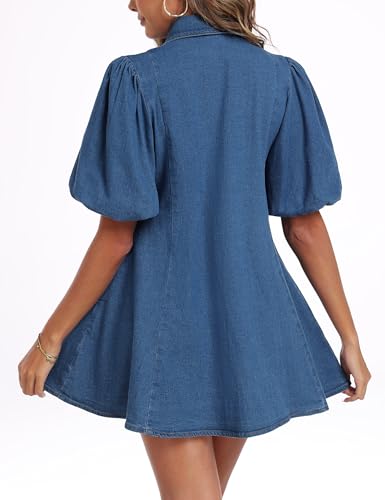 Denim Dress for Women, Puff Short Sleeve Jean Dress Mini Denim Romper with Pockets2