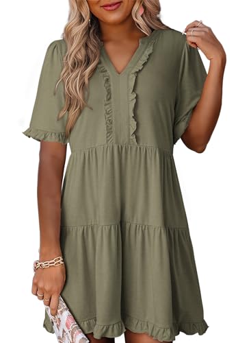 Image of Dokotoo Womens Summer Dresses 2026 V Neck A Line Short Sleeve Casual Ruffle Babydoll Mini Dress