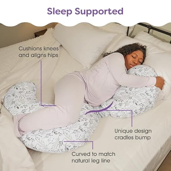 Boppy Total Body Pregnancy Pillow, Gray Scattered Leaves, Supportive Pregnancy Body Pillow for Versatile Full Body Use, Contoured Shape at All Stages