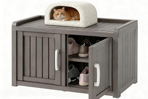 KAMABOKO Shoe Storage Cabinet Waterproof UV-Resistant Entryway Storage Bench Indoor Outdoor with 2 Barn Doors Adjustable Shelves for Entryway Bedroom Hallway Living Room(Classic Grey)