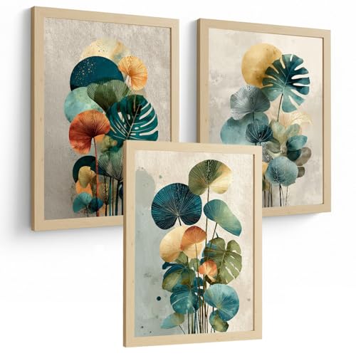 Nacnic Set De 3 Laminas Decorativas Hojas, Plantas. Florales Cuadros Salon Modernos   Posters Decorativos Botanico Verde Naranja. Decoración Dormitorios. A4 Sin Marco