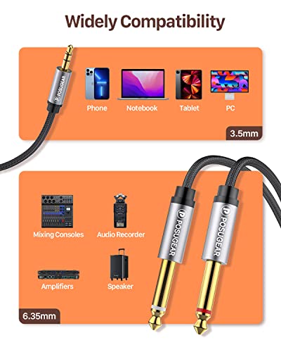 Câble Audio 3.5mm vers Double 6.35mm 2M, POSUGEAR 6.35 Mâle vers 3.5 Mâle Mono Y Splitter Jack Câble d'Instrument Nylon Tressé pour Haut-parleurs, Table de Mixage, Cinéma Maison etc. - Image 3