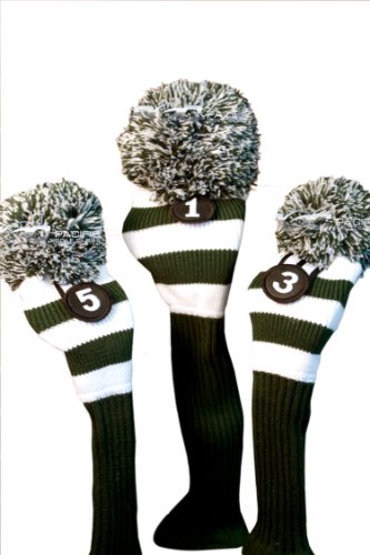Majek Golf Club Head Covers: Green & White Limited Edition Long Neck Knit Retro Pom Pom Traditional Classic Vintage Old School Ultimate Driver Fairway Wood Golf Head Cover Set Michigan State Colors
