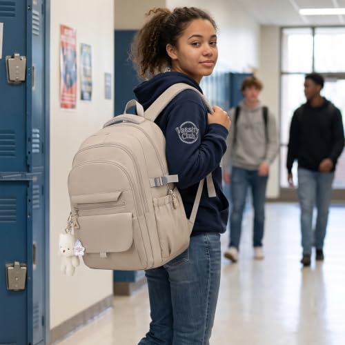 Image of PRLINJSK Girls Backpack for College High Middle School Student, Cute Aesthetic Bookbag for Teens Women with Accessories,Khaki