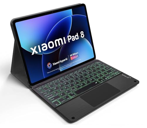 Image of HOM Tri-Fold 7-Colour Backlight Detachable Wireless Bluetooth Keyboard with Trackpad /Touchpad Tablet Cover Case for Xiaomi Mi Pad 8 /8 Pro Tablet 11.2 inch