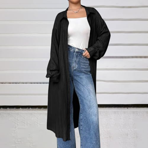 Women's Open Front Maxi Long Textured Cardigan Casual Loose Long Sleeve Button Collared Shirts Dressy Blouse Cover Up2