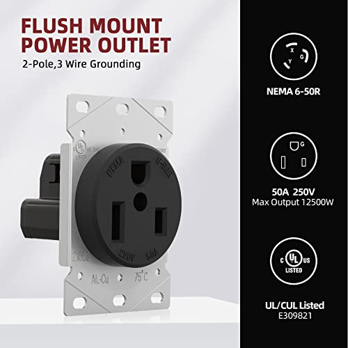 Nema 6-50R Receptacle 50A 250V Female Outlet 50 Amp 250 Volts Heavy Duty Industrial Grade Grounded Flush Mount Range Power Outlet For Welder, Plasma Cutter, Ev Charger, Ul Listed #TOP1