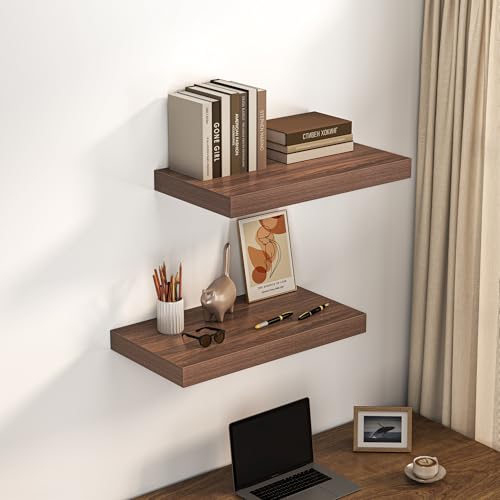 Image of Dreamland 24 inch Floating Shelves for Wall, 12 inch Deep Thicker Walnut Floating Shelves, Wall-Mounted Shelves for Bedroom, Living Room, Kitchen, Bathroom - Set of 2