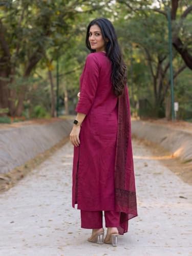 Image of GoSriKi Kurta Set Women Viscose Solid | Kurti Set Woman | Kurta Narrow Pant Dupatta 3 Piece Outfit | Round Neck V-Slit 3 /4 Sleeve Straight Fit Ethnic Wear Ladies Dress Stylish Traditional Clothing