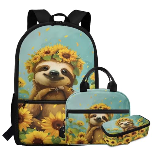 Sac à dos d'école paresseux tournesol avec boîte déjeuner et trousse