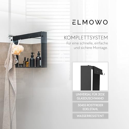 ELMOWO - Edelstahl Duschablage zum Hängen ohne Bohren für die Glastür/Glaswand - Duschregal zum Einhängen mit 4 Haken - Regal für Glasduschwand als Duschkorb und Organizer für Badezimmer (schwarz)