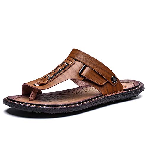 Men's Luxury Flip Flops Genuine Leather Slippers Beach Shoes Men Fashion Outdoor Sandals,Brown,8.5
