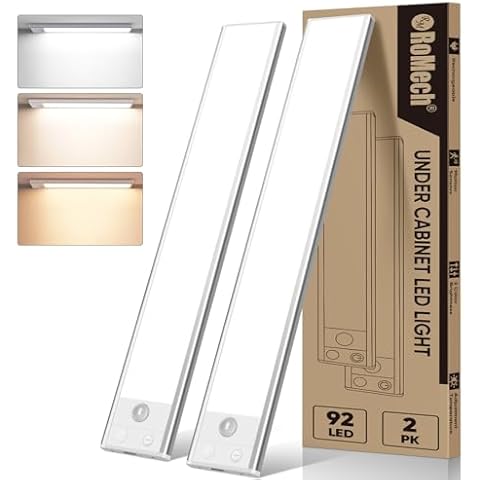 ROMECH 92 LED Under Cabinet Light, 3 Color Temps Motion Sensor Light Indoor, 2200mAh Under Cabinet Lighting Wireless with USB Charging, 11.8Inch Closet Light for Kitchen Stair Wardrobe (2 PK) Cover