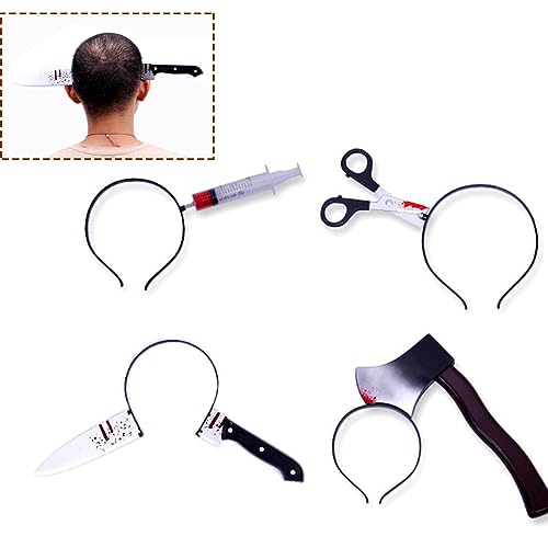 KALUROIL 4 PCS Halloween Haarreif - Gruselige Hüte & Kopfbedeckungen für Erwachsene - Halloween Kostüm Accessoire Horror Haarreif: Schere, Messer, Syringe im Kopf - Perfekt für Halloween Party!