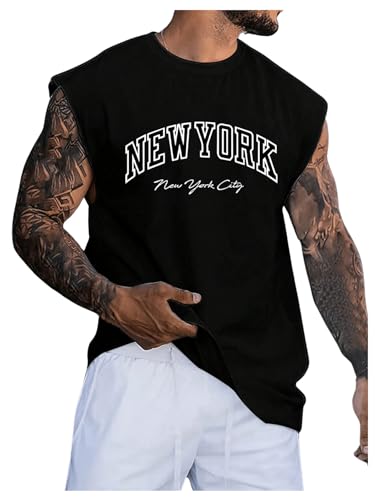 Verdusa Men's Vintage Graphic Tees Men Letter Print Tank Tops Round Neck Sleeveless Shirts Black Medium