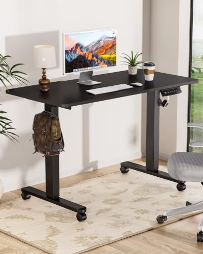 Image of Okin Standing Desk Electric Adjustable Computer Whole Piece Stand up Desk with Wheels Office Gaming Home Office Memory Desks 48x24 inches Black
