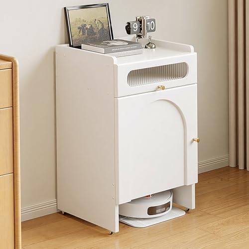 VOLDAX Armoire de Nettoyage Placard à Balai Meuble Rangement, Support pour Robot Aspirateur Laveur Armoire De Rangement Mobile pour Aspirateur Robot(White-A)