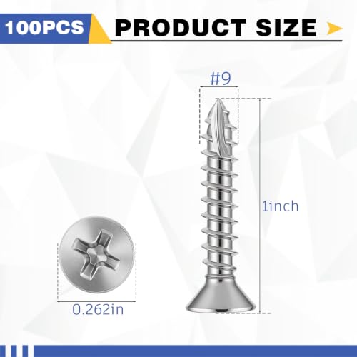 Image of 100 Pack Satin Nickel Wood Screws #9 x 1 Inch Silver Extra Long Heavy-Duty Hinge Screws for Doors, Cabinets, Furniture & DIY Projects
