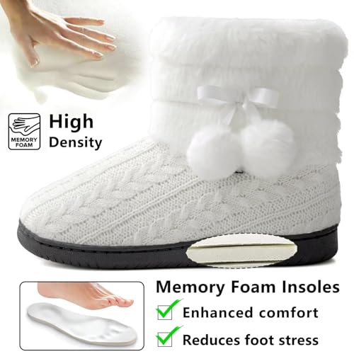 Knit Slipper Boots Women Plush Lining Memory Foam Indoor Outdoor House Shoes with Pom-Pom2