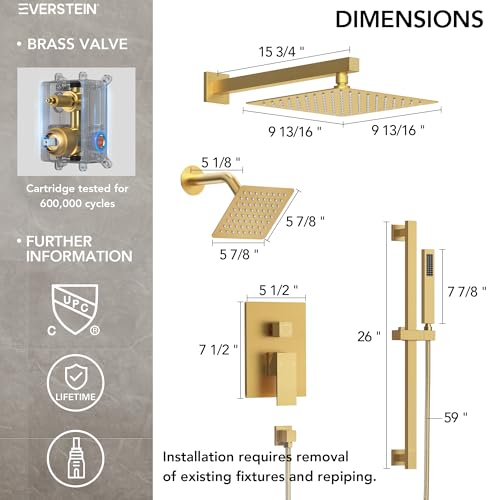 Image of 10 inch High-Pressure Rainfall Shower Faucet with Handheld Spray, Wall Mount Dual Shower Head System with Slide Bar (Brushed Gold)