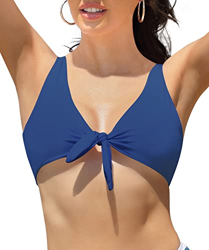 SHEKINI Bikini de cintura alta con nudo frontal para mujer, Top Only - Lake Blue, Medium
