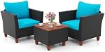 ORALNER 3 Pieces Patio Furniture Set, Outdoor Wicker Conversation Chairs with Cushion, Acacia Coffee Table, Rattan Bistro Set for Balcony Garden Backyard Front Porch Poolside (Turquoise)