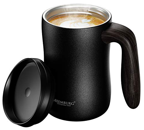 Heemburg Taza de café de acero inoxidable con aislamiento al vacío, taza de té con asa y tapa para oficina o escritorio - Imagen 3