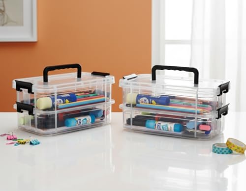 Image of plastic boxes for Storage transparent boxes for storage, Portable & Stackable Space Saving Organiser with Lid for Medicine, Jewelry, Arts & Crafts, Buttons, Beads (Black, 3 TIER)