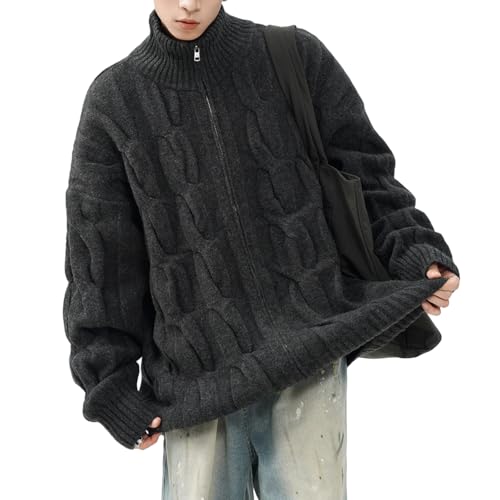 Generisch Cárdigan de punto para hombre con cuello alto, cárdigan americano Y2K cárdigans con bordes acanalados suéter de punto suelto suéter de cachemira suéter de invierno, Negro , XL