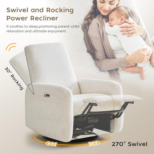 SENYUN Power Recliner Chair, Swivel Rocker Recliner w/USB & Type-C Charging Ports, Chenille Upholstered Swivel Rocker Glider Recliner for Nursery,Living Room, Bedroom, 1PC, Cream