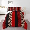 Leopard Print Kids Comforter Set Queen Size,Cheetah Skin Fashion Bedding Set,Girls Boys Adults Room Decor,Geometric Stripes Patchwork Down Comforter,Red Black Brown Duvet Insert,2 Pillowcases #4