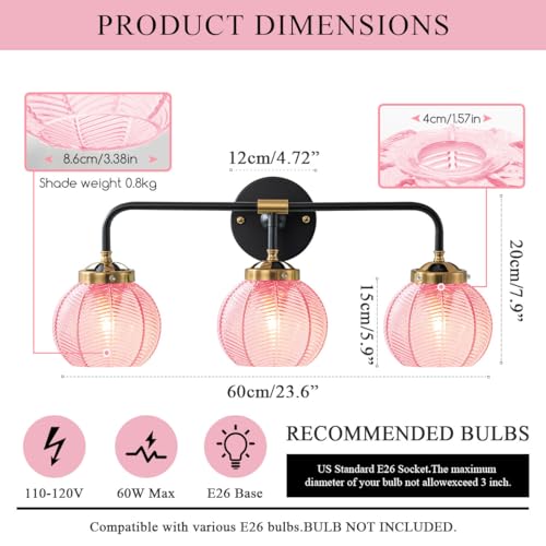 Image of Modern Bathroom Light Fixture Pink Wall Lights with Ribbed Glass Shade 3-Lights Vintage Black Vanity Light Over Mirror Wall Sconce Decor Lighting Fixtures for Bath Farmhouse Bedroom