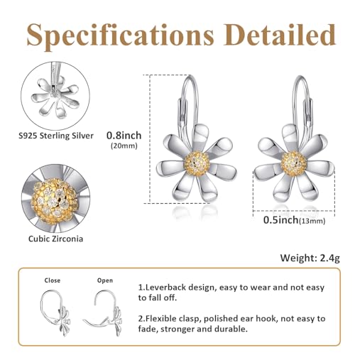 Daisy Earrings 925 Sterling Silver Leverback Drop Dangle Earrings for Women 18K White Gold Plated Hypoallergenic Cubic Zircon Daisy Flower Earrings Jewelry Gifts for Sensitive Ears2