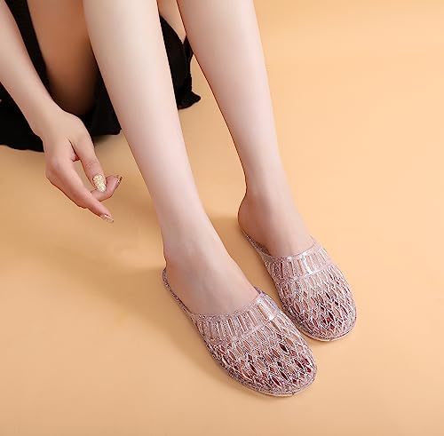 Image of Womens Jelly Shoes, White Jellies Sandals Glitter Clear Flats Slip On Summer Beach Slippers Transparent Closed Toe Soft Slide
