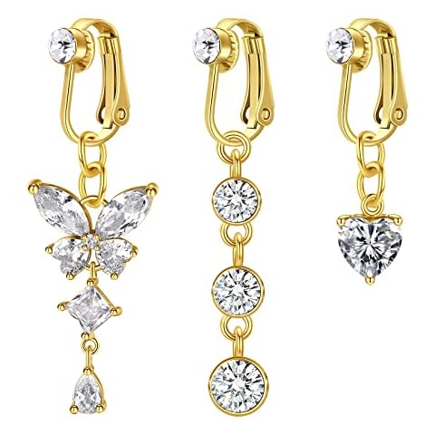 D.Bella Fake Belly Ring Fake Belly Piercing Clip on Belly Button Rings Surgical Steel Fake Belly Button Ring Fake Earrings Diamond Butterfly Heart Non Piercing Fake Belly Piercing Jewelry Gold Cover