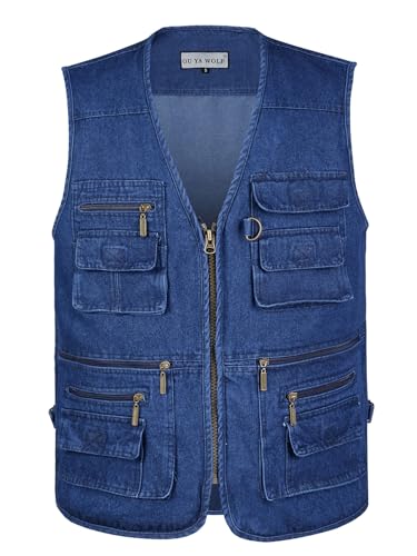 Men's Utility Work Hunting Travel Fishing Multi-Pockets Outdoor Denim Jean Vests