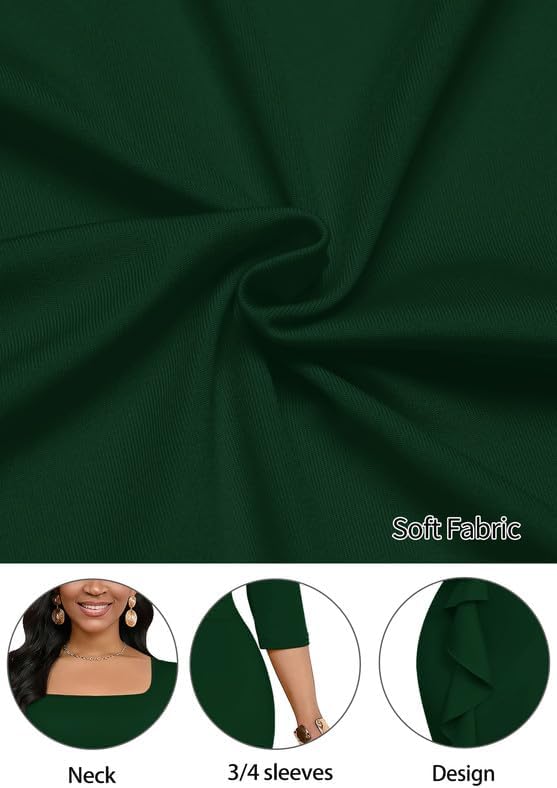 Womens Work Dresses Elegant Square Neck 3/4 Sleeve High Waist Bodycon Ruffle Vintage Church Pencil Midi Dress - Image 6