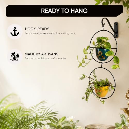 Image of AAKRITI ART CREATIONS Metal Hanging Planters Set of 2 | Handpainted Planter, Modern Art, Multicolor Glossy Finish | Outdoor & Indoor Home Decor Items | Room Decoration Artifacts, Flower Pots for Room
