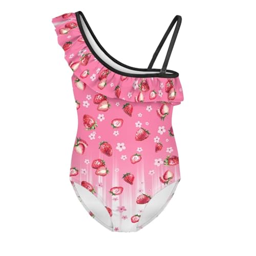 Binienty Girls One Shoulder Ruffle Bathing Suit Kids Strawberry Print One Piece Swimsuit Trendy Juniors Sleeveless Beachwear